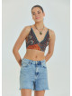 Lace Up Open Back Adjustable Brown Crop Blouse 4653